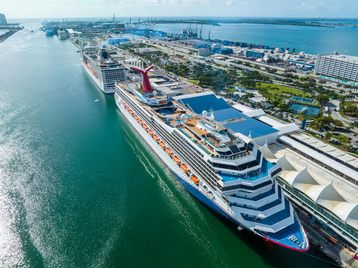Cruise ship at PortMiami terminal at golden hour